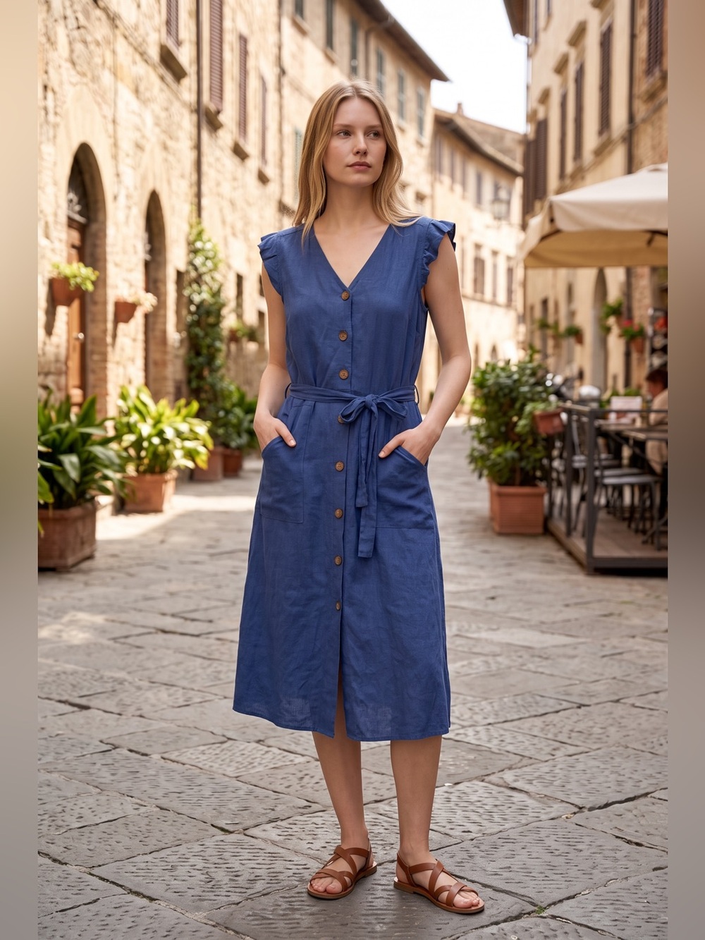 Monteau Blue Linen Blend Button Front Midi Dress Large